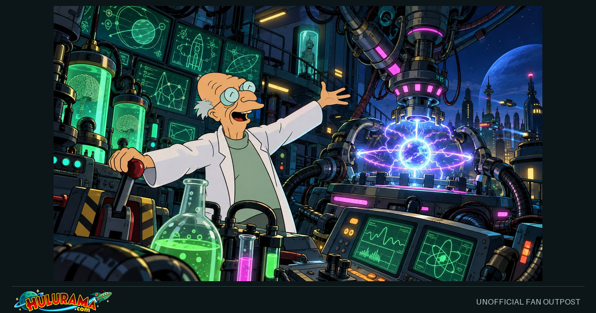 Farnsworth gestures toward a glowing energy experiment in his laboratory.