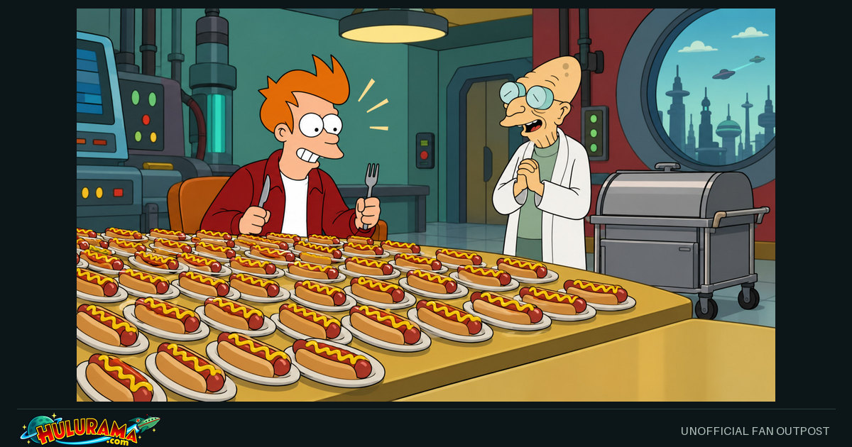 Fry faces a table covered with hot dogs while Farnsworth watches.