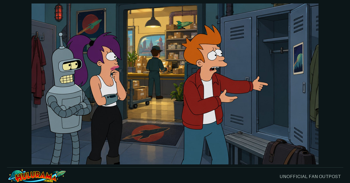 Fry points toward a locker while Leela and Bender look on and a distant worker faces away.