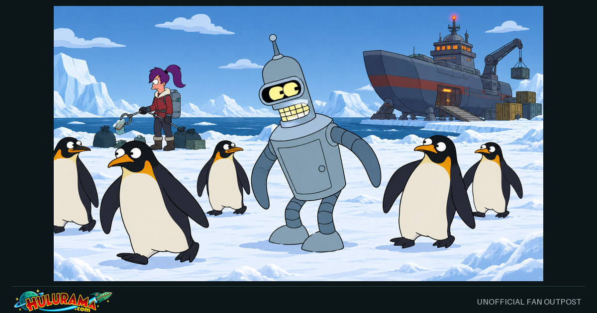 Bender walks among penguins on an icy plain while Leela stands farther back.