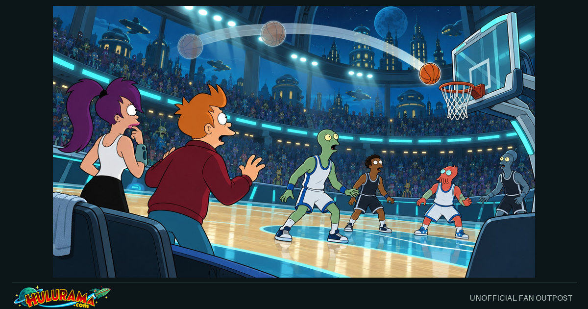 Fry and Leela watch a basketball appear at several points along its arc above a futuristic court.