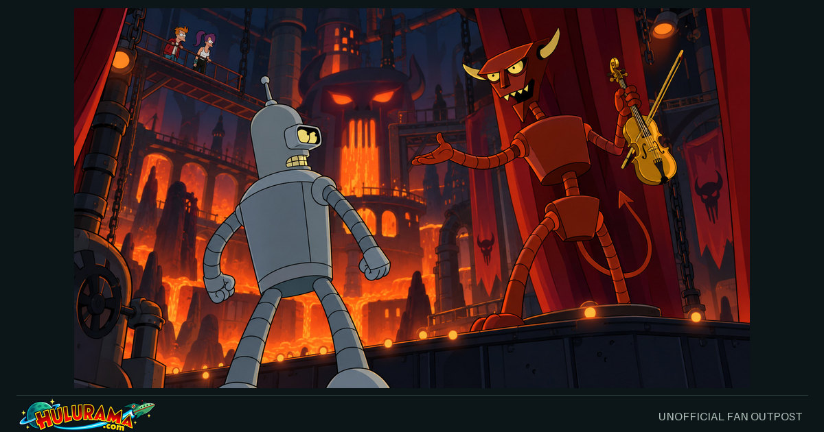 Bender faces the Robot Devil and a golden fiddle on a fiery mechanical stage.