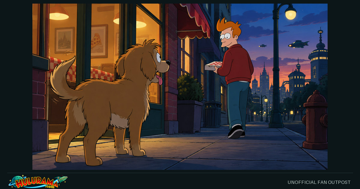 A shaggy dog watches Fry carrying a pizza box outside a warmly lit pizzeria.