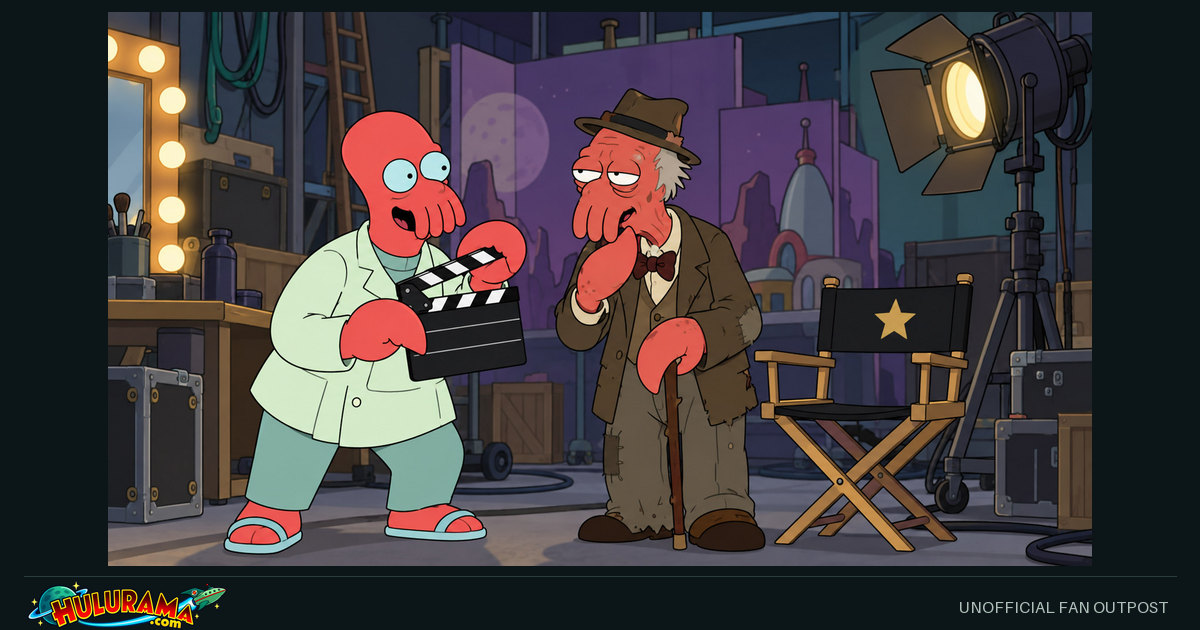 Zoidberg holds a film clapper beside an older red crustacean character on a small set.