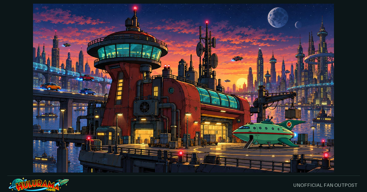 A red futuristic delivery headquarters and green spacecraft beside the city.