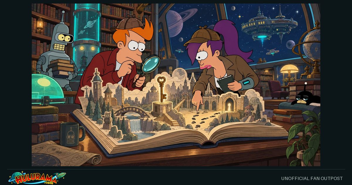 Fry and Leela investigate a miniature paper landscape rising from a large open book.