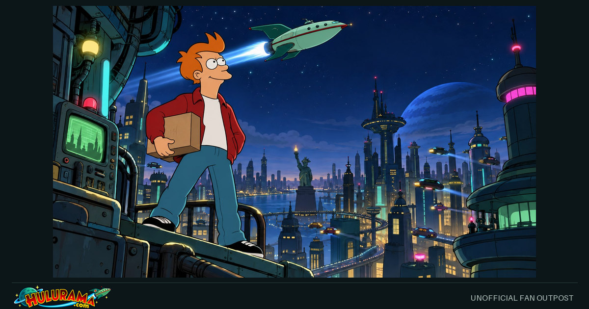 Fry holds a delivery package on a platform overlooking a futuristic city.