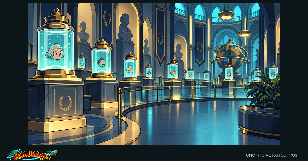 Illuminated preservation jars line a spacious museum gallery with brass arches and blue lighting.