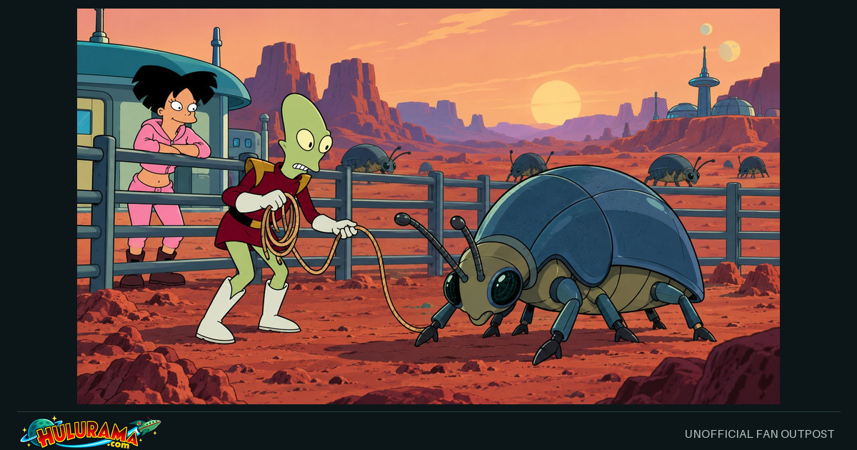 Kif approaches a large beetle-like buggalo while Amy watches from the ranch fence.