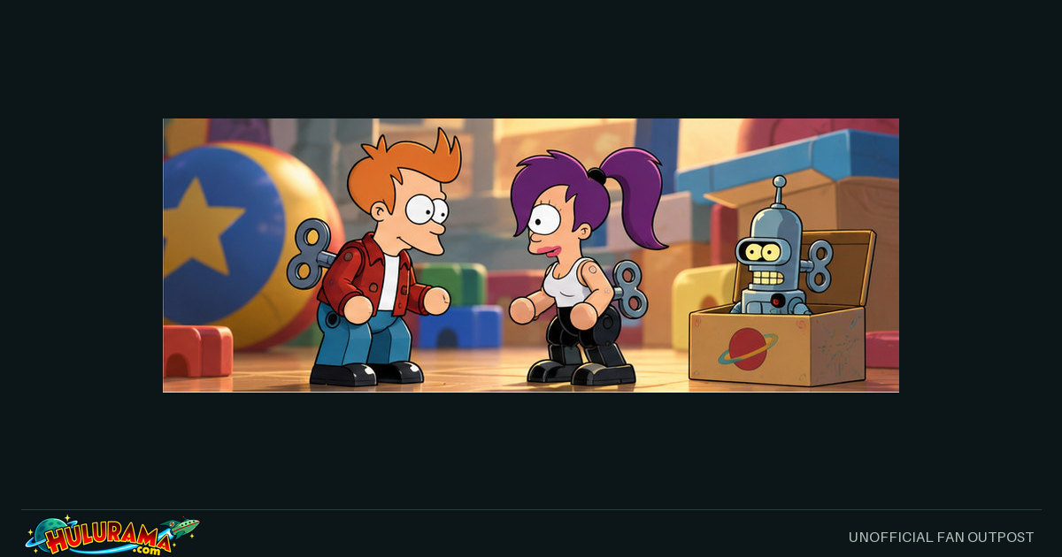 Toy versions of Fry, Leela and Bender face each other across a play surface.