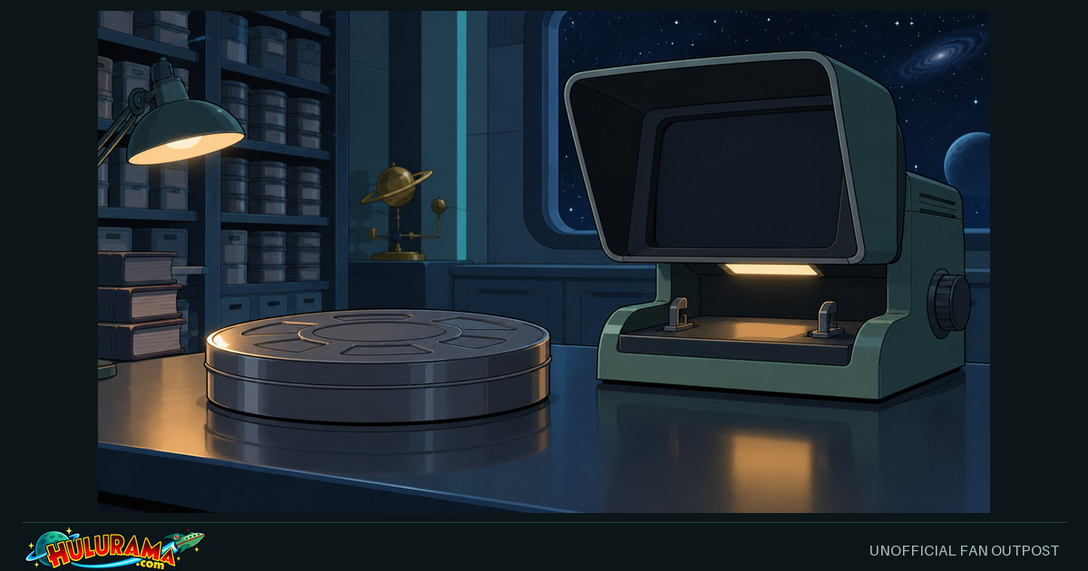 A closed archival reel and an inactive viewer sit beneath a desk lamp.