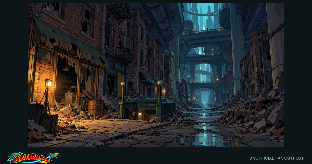 Amber lamps light a ruined underground street beneath pipes and elevated structures.