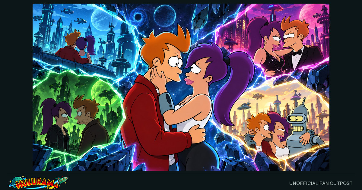 Fry and Leela embrace amid colorful alternate-reality windows.
