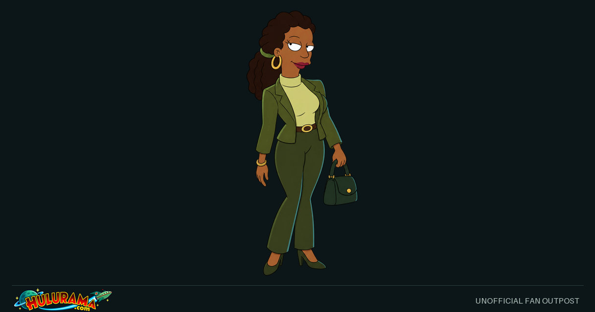 A brown-skinned woman with long curly brown hair, hoop earrings and an olive suit holds a handbag.