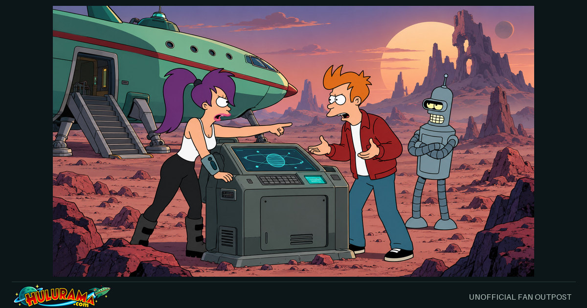 Leela and Fry argue over a console beside a grounded ship while Bender watches.