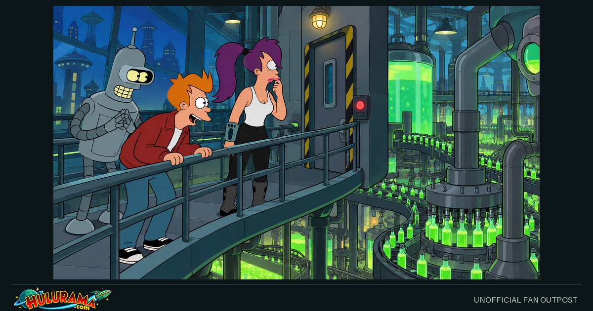 Fry, Leela and Bender look over an elevated walkway at luminous green factory machinery.