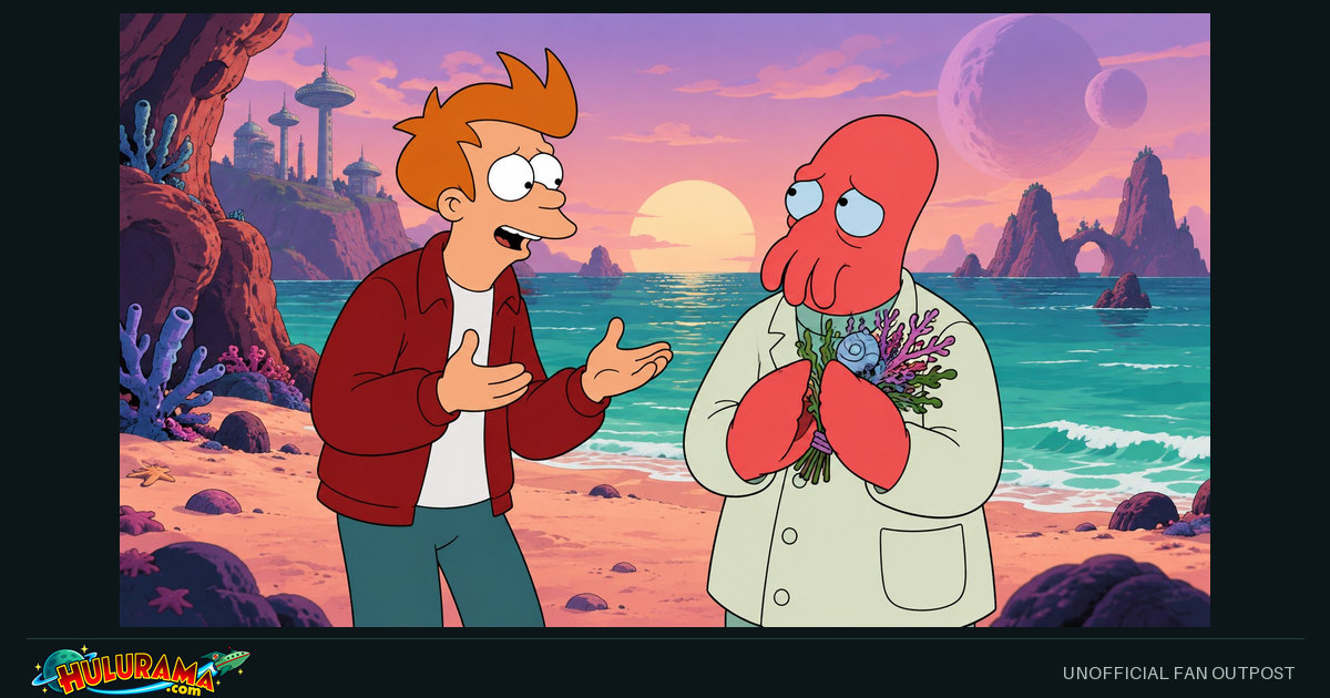 Fry advises Zoidberg, who holds a small bouquet beside an alien sea.