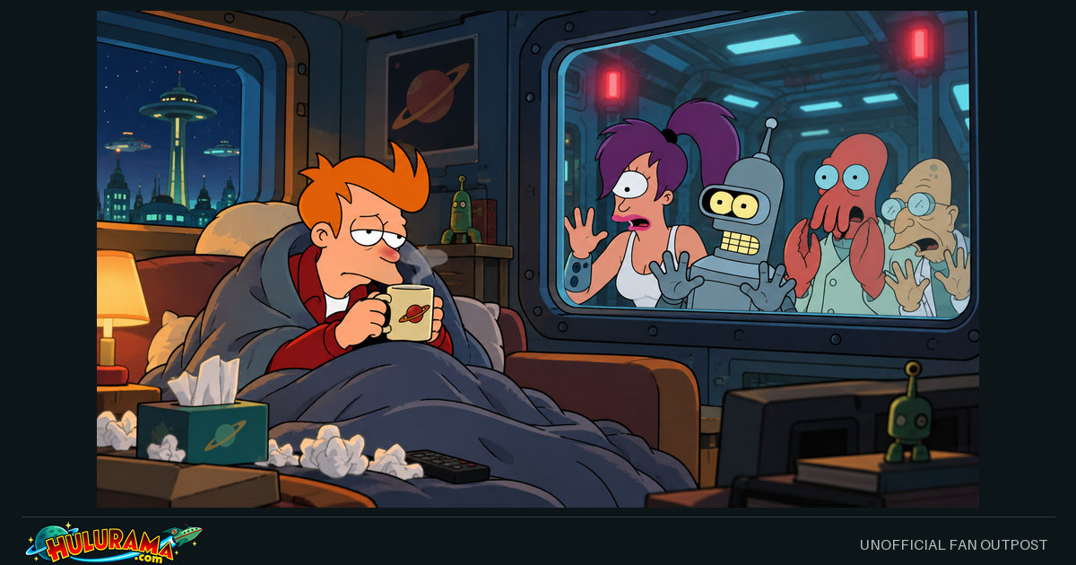 Fry huddles under a blanket holding a mug while the crew watches through glass.