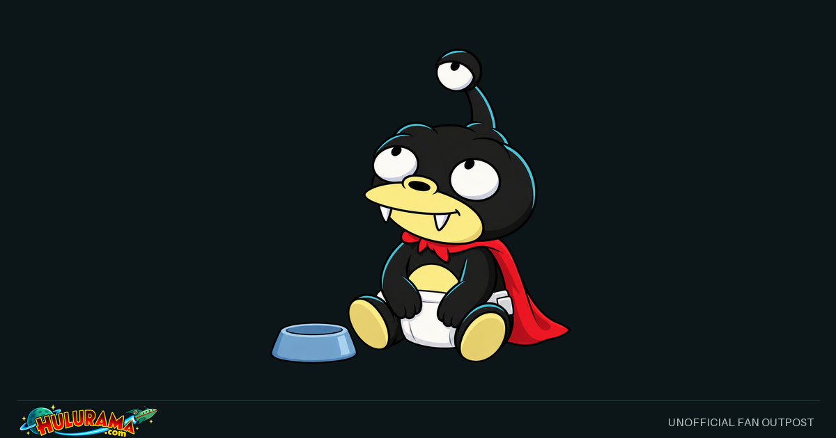 Nibbler sits beside a small bowl with his red cape and three eyes visible.