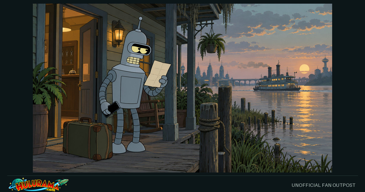 Bender waits with a suitcase on a waterside porch at dusk.