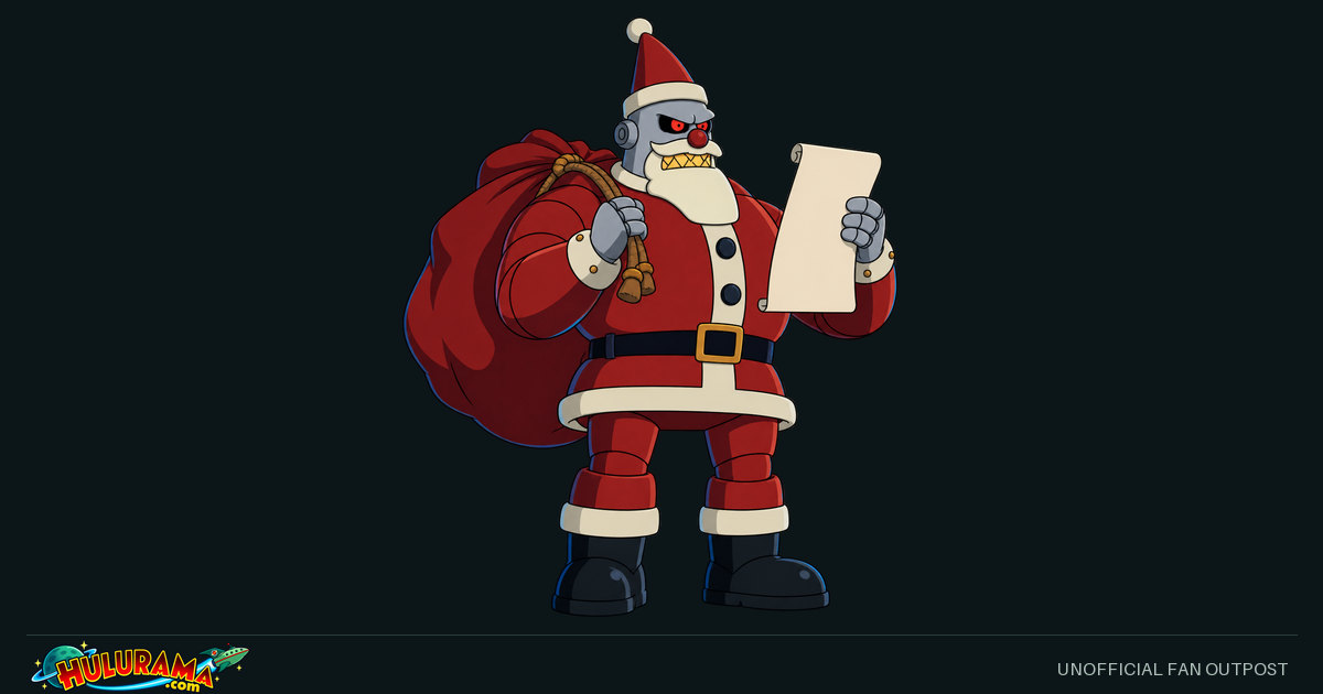Robot Santa inspects a blank scroll beside a tied gift sack.