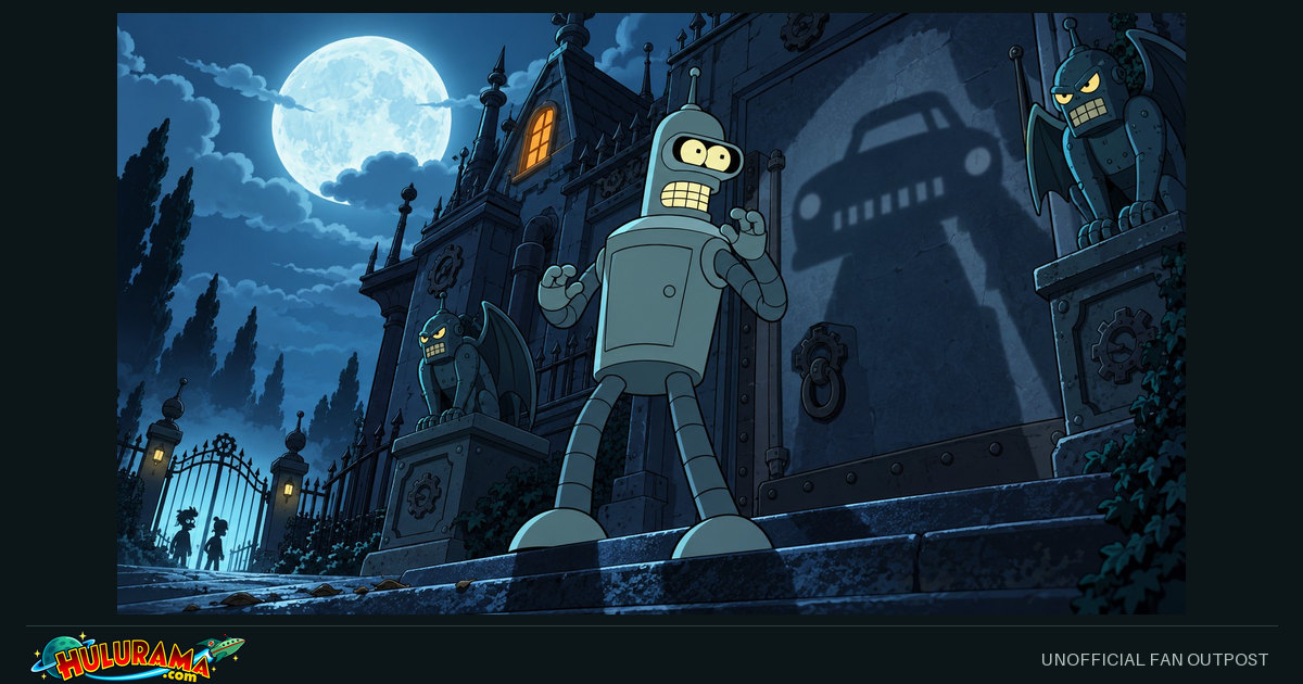 Bender stands outside a moonlit mansion beside a shadow shaped like a threatening car.