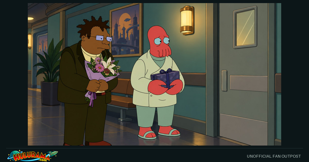 Hermes and Zoidberg wait outside a closed door with flowers and a small parcel.