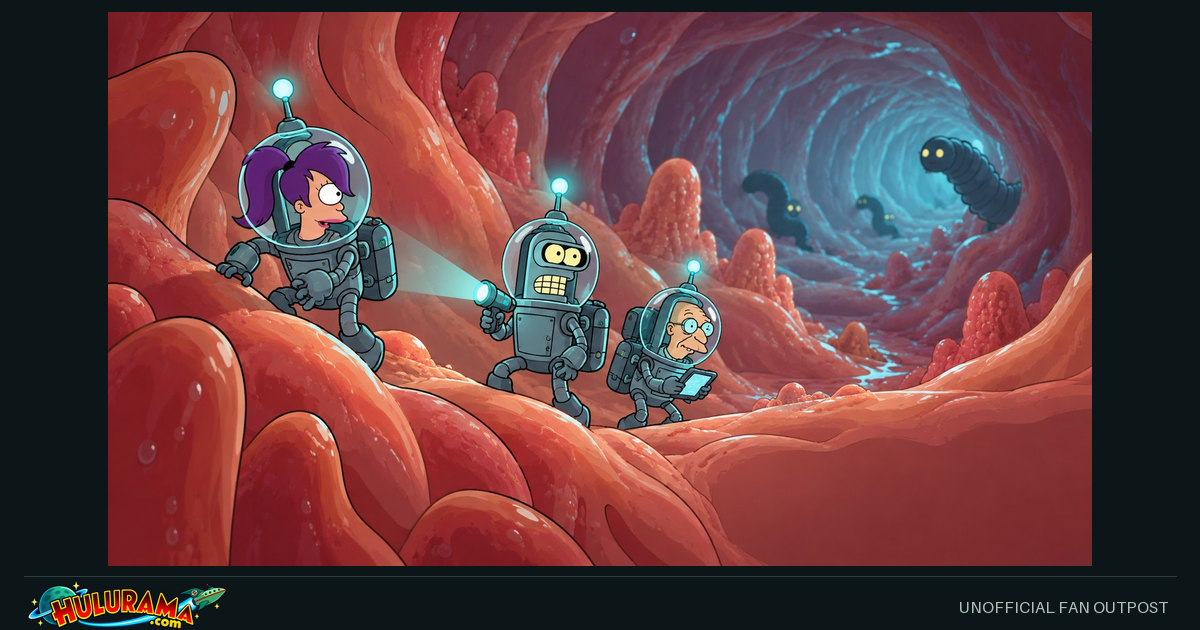 Tiny explorers resembling Leela, Bender and Farnsworth travel through a stylized biological passage.
