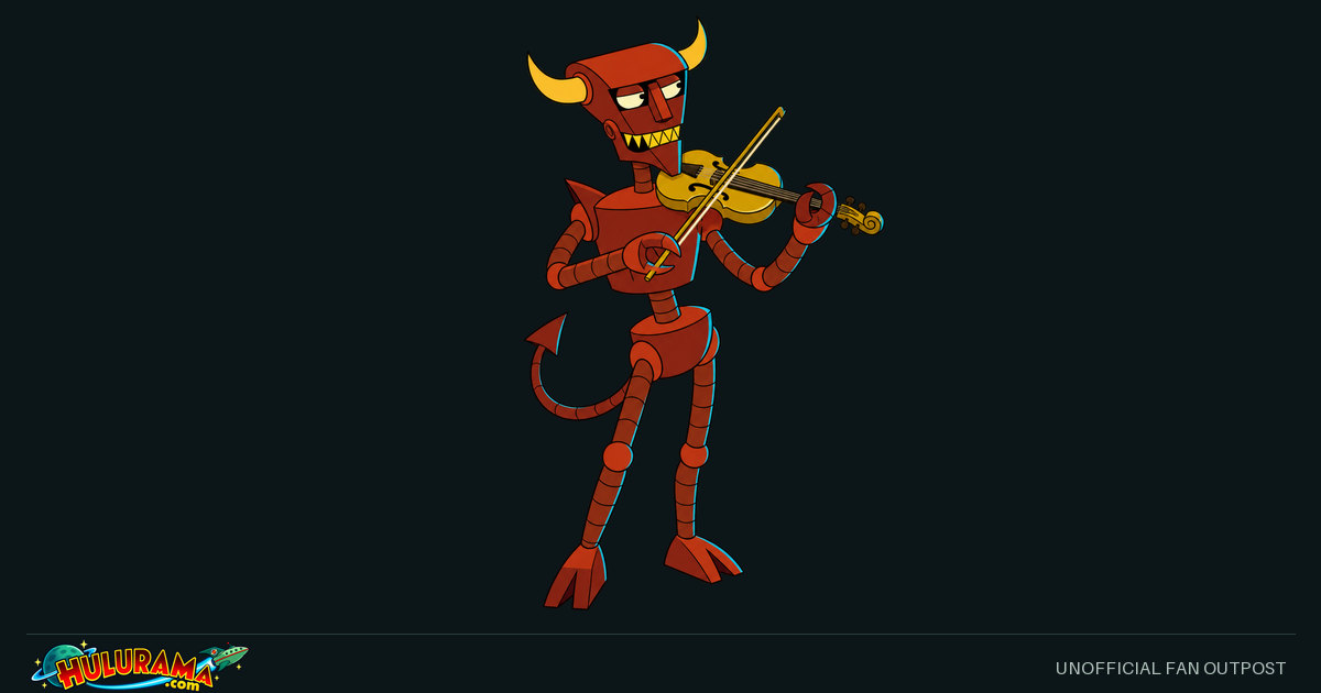 The red Robot Devil plays a golden fiddle in a theatrical pose.