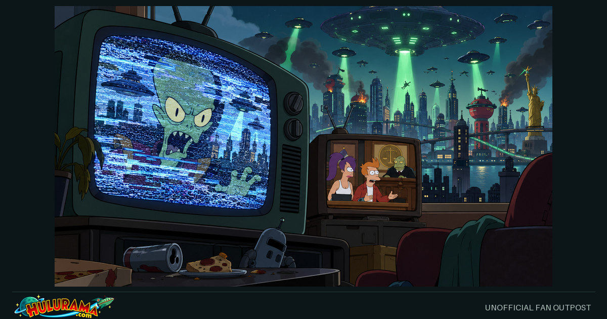 A large television and a smaller improvised studio appear beneath an alien fleet.