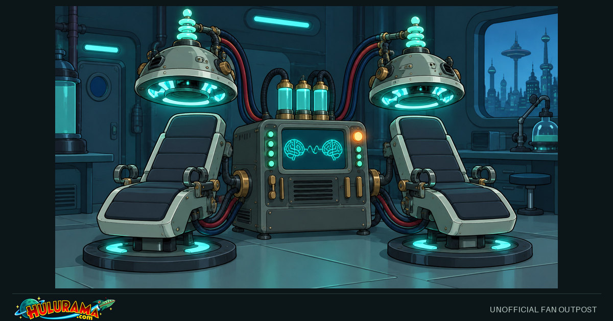 Two empty experiment chairs sit beneath connected illuminated metal hoods.