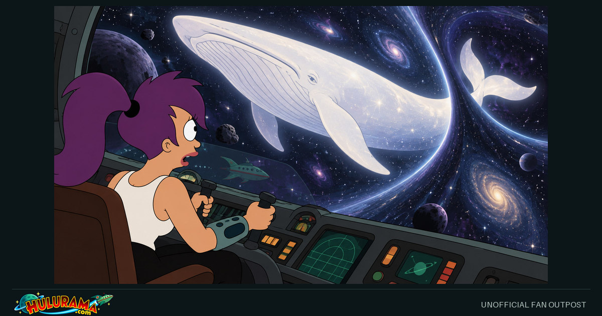 Leela pilots the ship toward a huge white whale suspended in a swirling starfield.