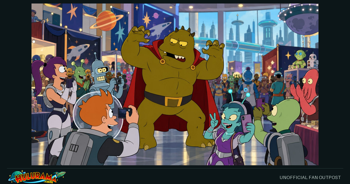 Lrrr poses amid costumed visitors at a bright futuristic convention.
