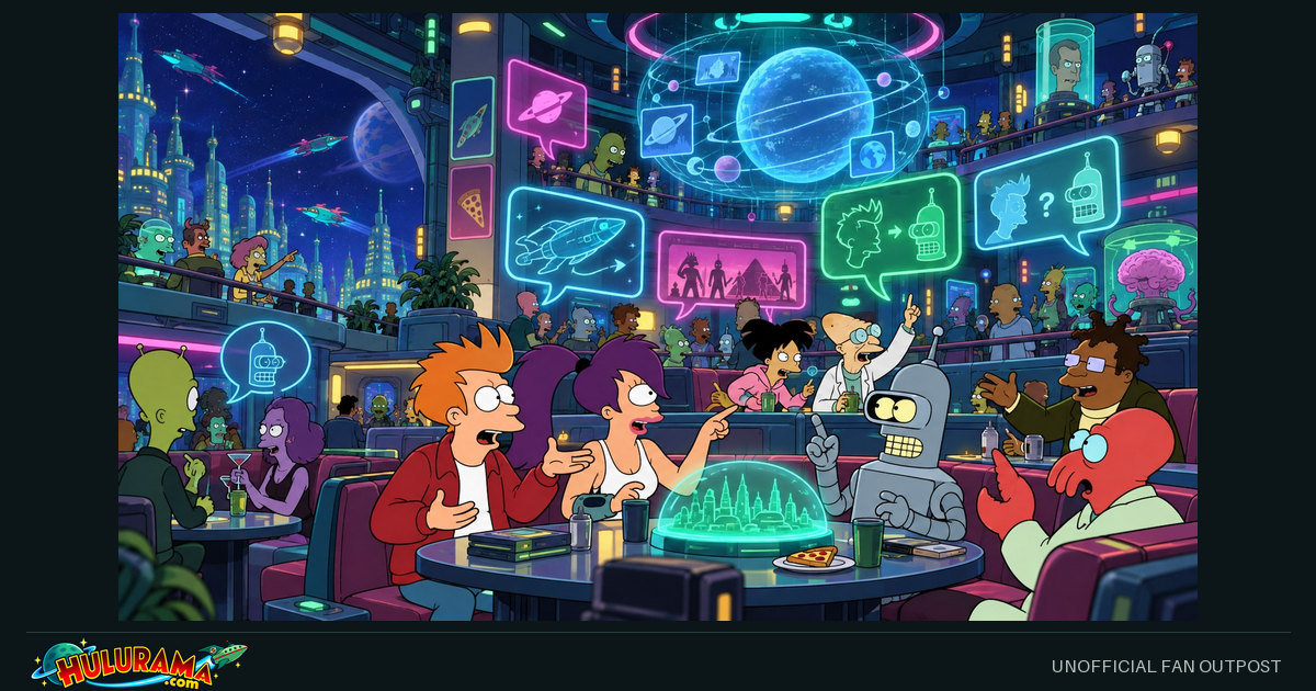 The crew debates around a table surrounded by glowing science-fiction displays.