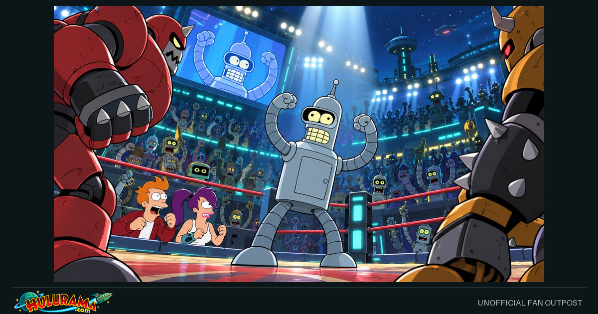 Bender raises his arms in a robot fighting arena surrounded by large opponents.