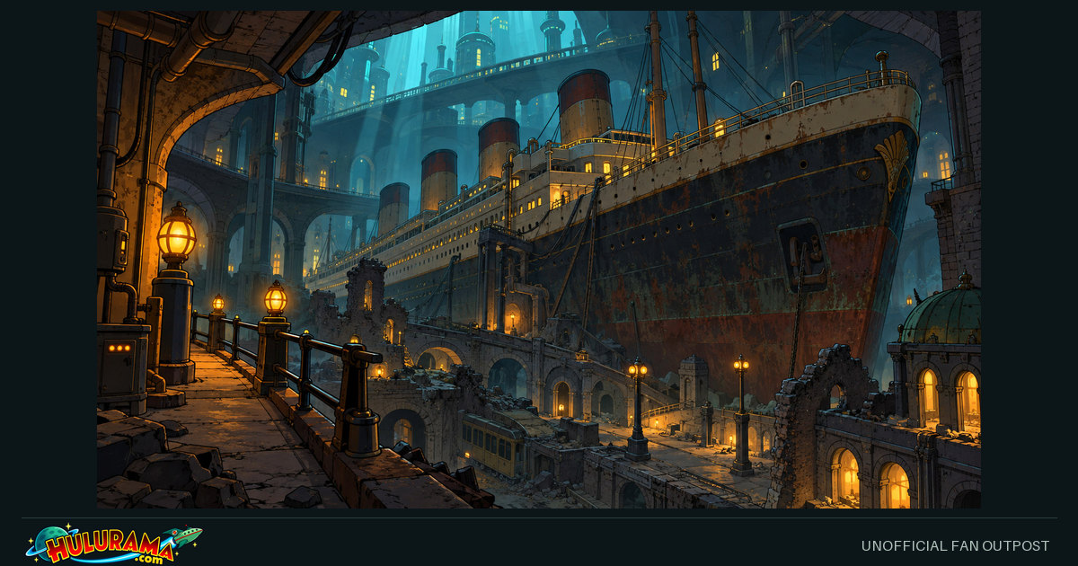 An enormous weathered passenger vessel rests among underground streets and industrial arches.