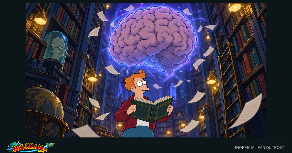 Fry holds a book beneath a huge floating purple brain in a tall library aisle.
