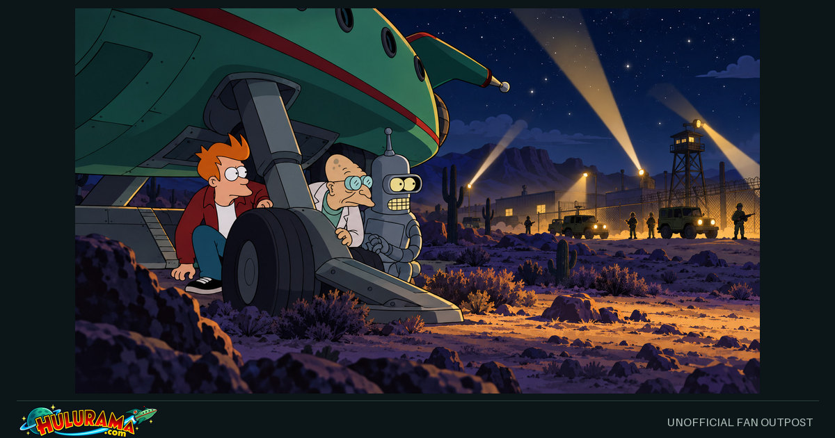 Fry, Farnsworth and Bender shelter beneath the delivery ship as searchlights sweep a desert.