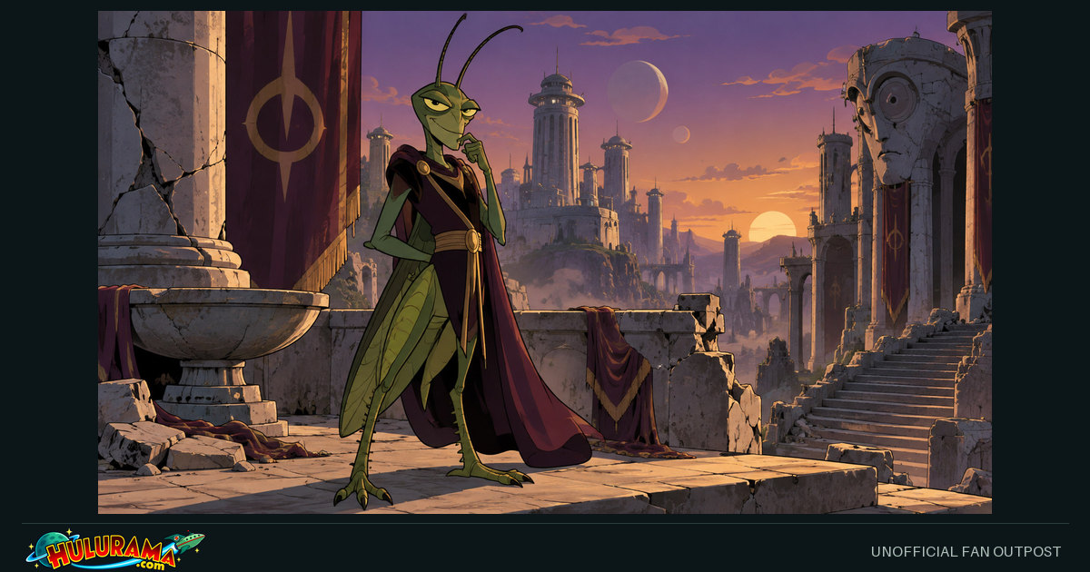 Alcazar in insect form stands on a ruined palace terrace at sunset.
