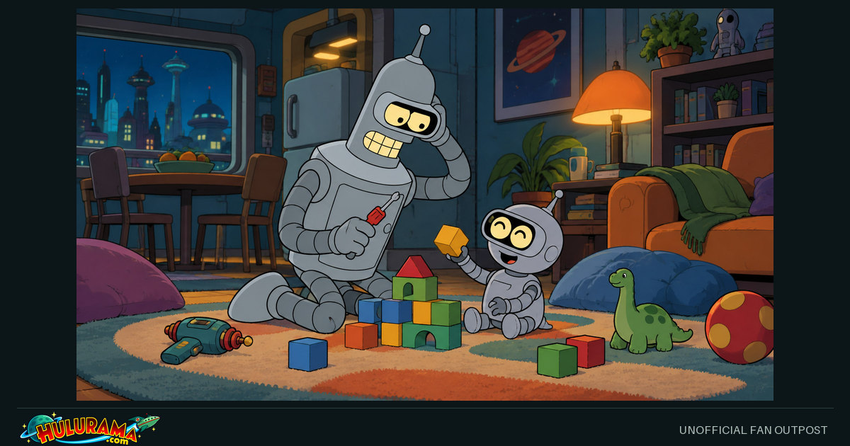 Bender sits on a play mat beside a small robot child and building blocks.