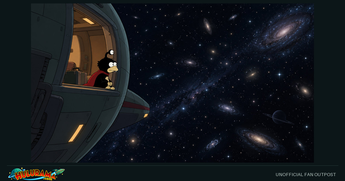 Nibbler looks from an open spacecraft hatch into a vast starfield.