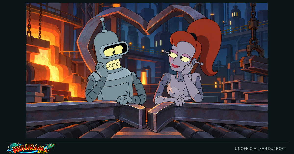Bender and a red-haired robot face one another across a glowing factory workbench.