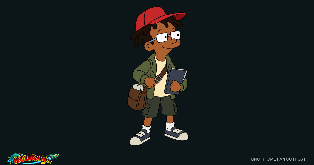 Dwight holds a tablet and satchel while wearing a red cap and glasses.