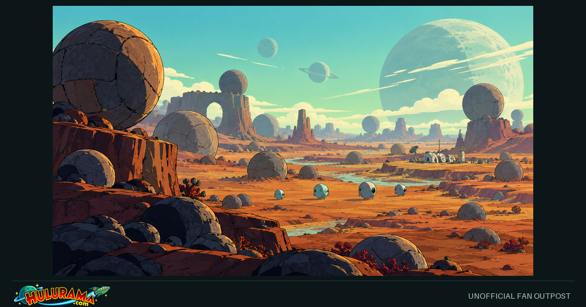 Rounded stone formations and small ball-like inhabitants cross an ochre alien plain.