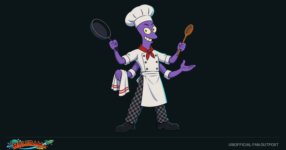 Elzar holds cooking utensils in four separate arms.
