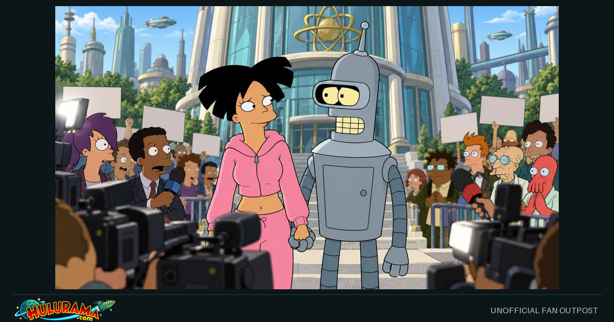 Amy and Bender hold hands before cameras outside a civic building.