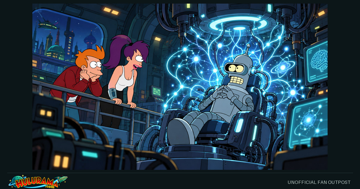 Bender sits beneath branching blue light patterns as Fry and Leela observe.
