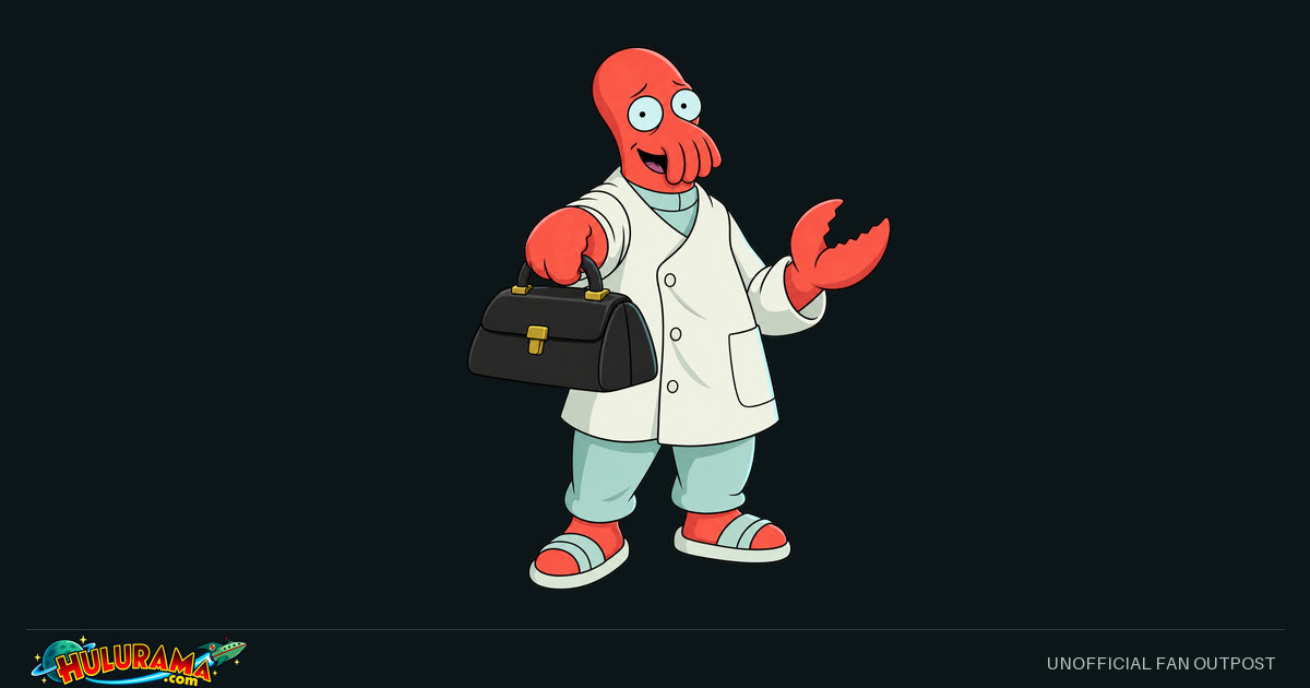Zoidberg holds a medical bag and gestures with a claw in his white coat.