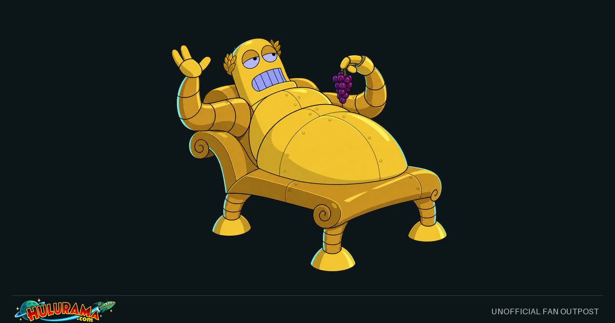 A rounded gold reclining robot holds grapes in a body integrated with a couch-like support.