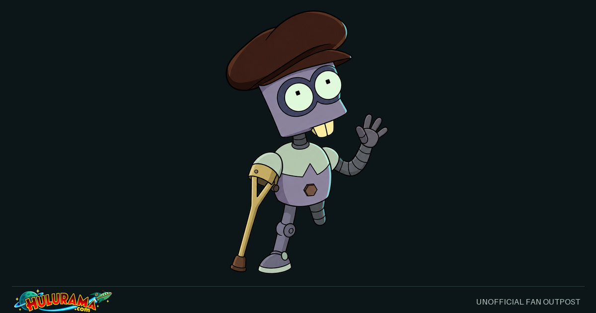A small worn robot in a flat cap has a crutch-like arm and an asymmetrical shortened leg.
